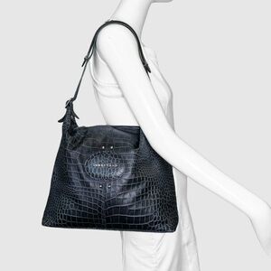 Longchamp Black Gray Croc-Embossed Leather Hobo Bag Roseau Collection